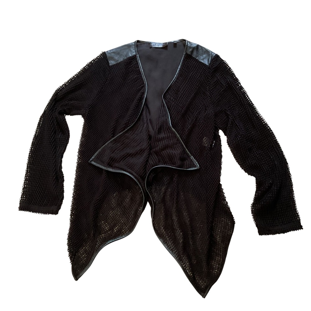 P. Luca Milano Black Mesh Waterfall Cardigan Faux Leather Trim SZM085‎ Medium